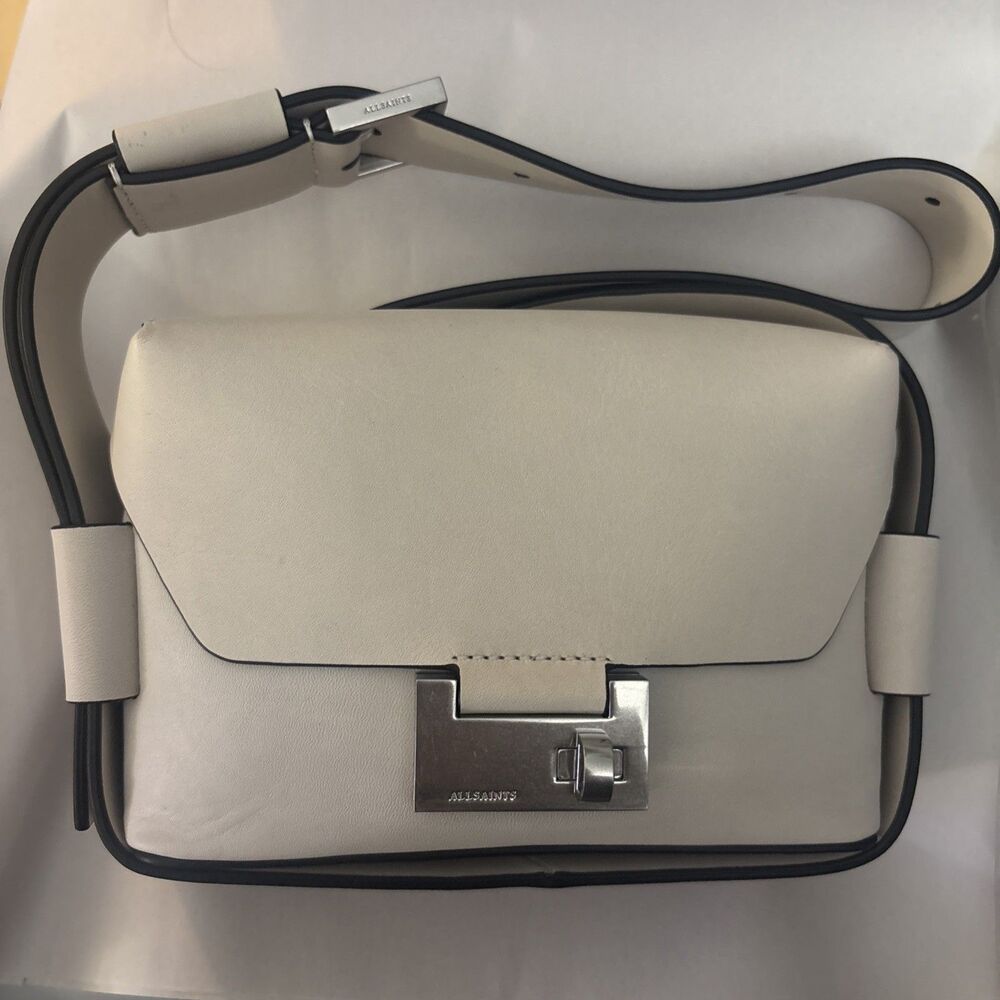 AllSaints Frankie White Crossbody Bag with Buckle Accent Silver Hardware Mint